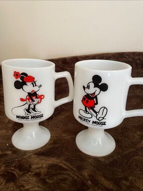 Vintage Pair Of Disney Milk Glass Pedestal Mugs Featuring Minnie & Mickey Mouse